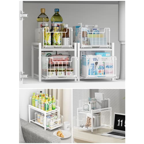 DAIWIN Under-Sink Storage Rack with 2 Shelves, 27cm Wide, Drawer, Condiment Storage Rack, Large Capacity Kitchen Storage Rack, Gap Storage, Easy Assem