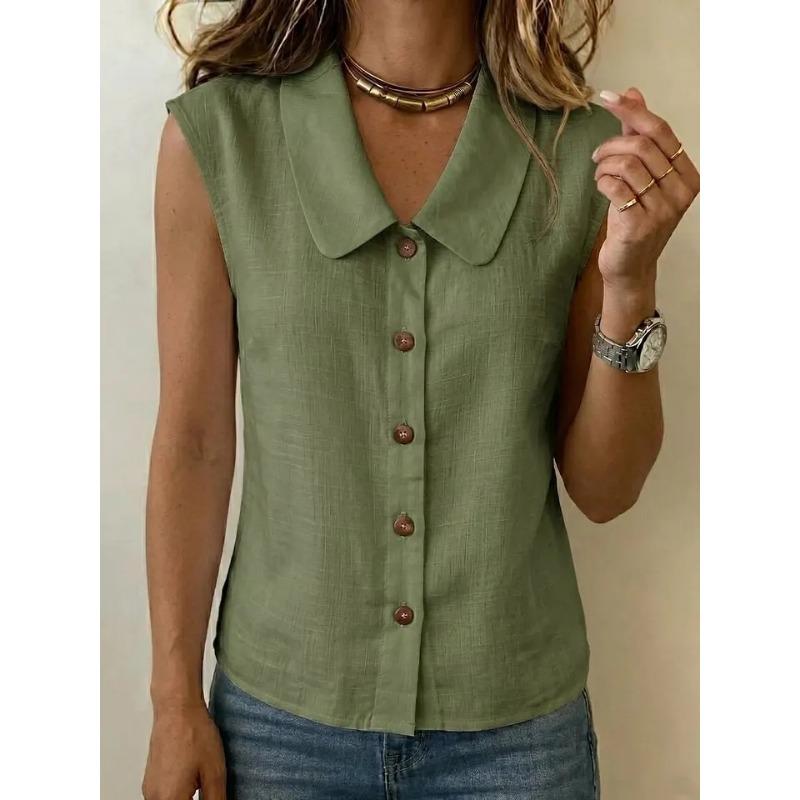 Women Fashion Commuter Turn Down Collar Button Solid Sleeveless Cardigan Blouse Top