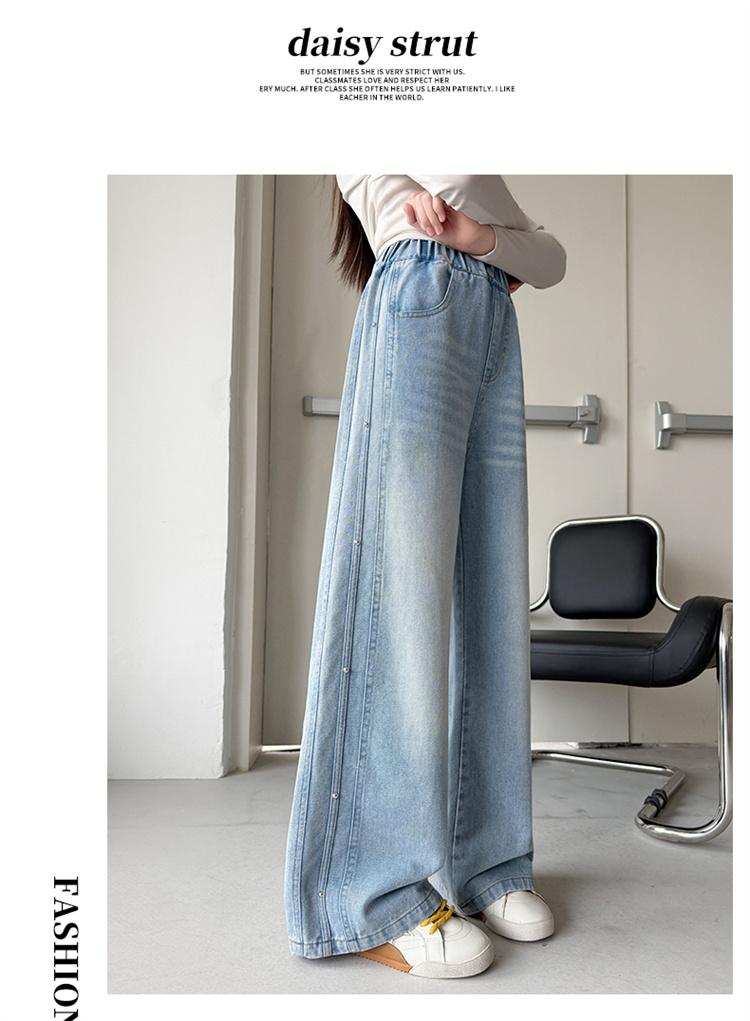 Girls' pants for spring and autumn fashion, children's mid to large length straight leg wide leg pants, spring thin styles, girls' nail bead jeans