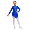 Girls Figure Skating Dress Sheer Mesh Patchwork Glittery Rhinestones Long Sleeve
