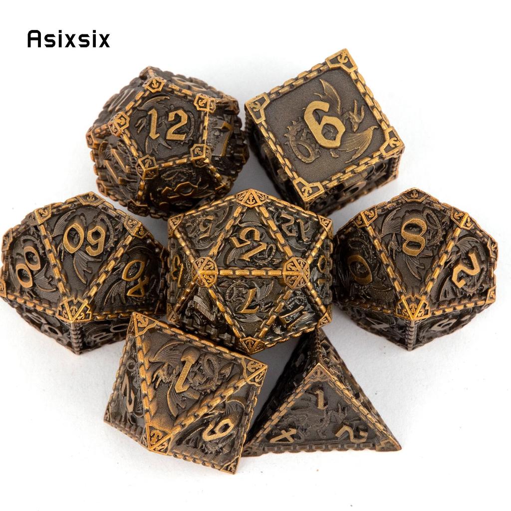 7 Pcs Yellow Dragon Metal Dice Solid Metal Polyhedral Dice Set Suitable for Role-Playing RPG  Board Game Card Game