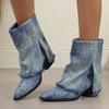 Fashion Denim Blue Women Western Cowgirl Boots Fashion Pointed Toe Square Heels Shoes Autumn Ladies Vintage Short Booties