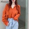 Hirsionsan Cropped Loose Solid V-neck Knitted Pullover Sweaters Women New Korean Causal Retro Sweaters Minimalist Long Sleeve Jumpers