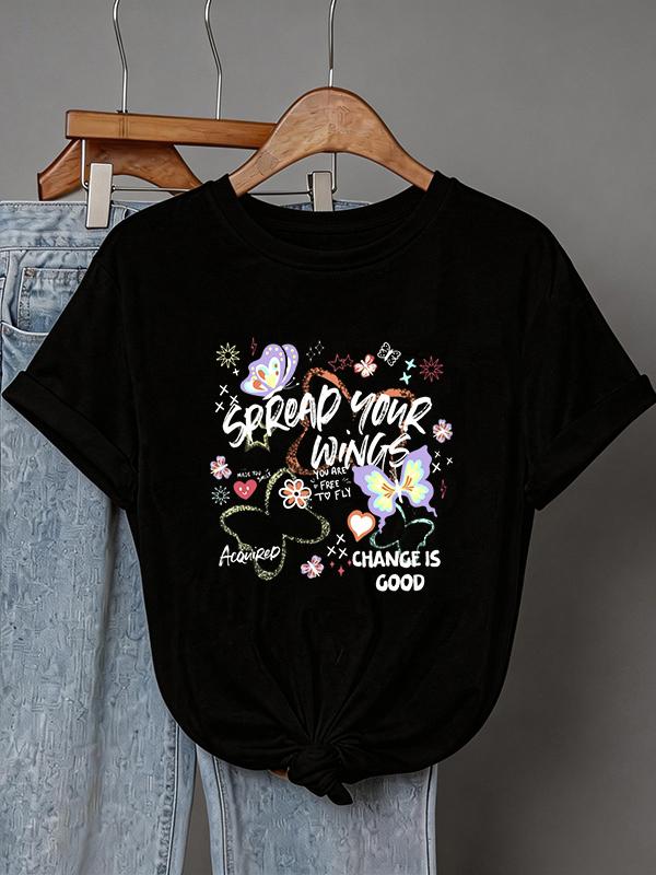 Funny Colorful Butterfly And Letter Print Unisexs T Shirt Crew Neck Short Sleeve Tops Graphic Y2k Tshirt Clothes Female Outfit