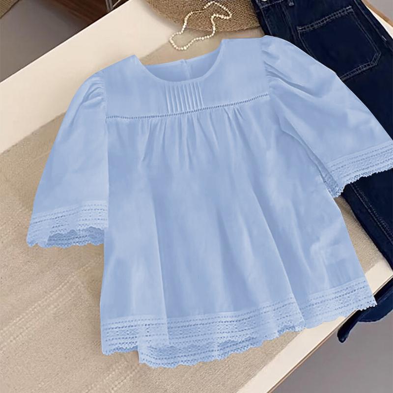 VONDA Women Summer Round Neck Lace Short Sleeve Blouses