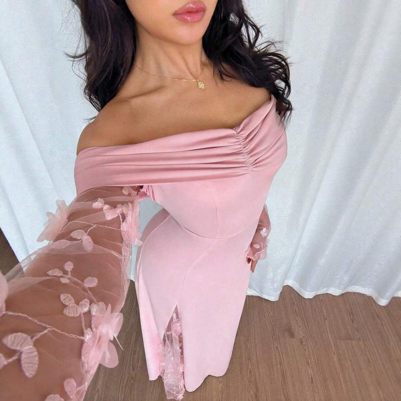 European and American one-word shoulder spell long-sleeved dress women's 2026 summer new fashion temperament skirt