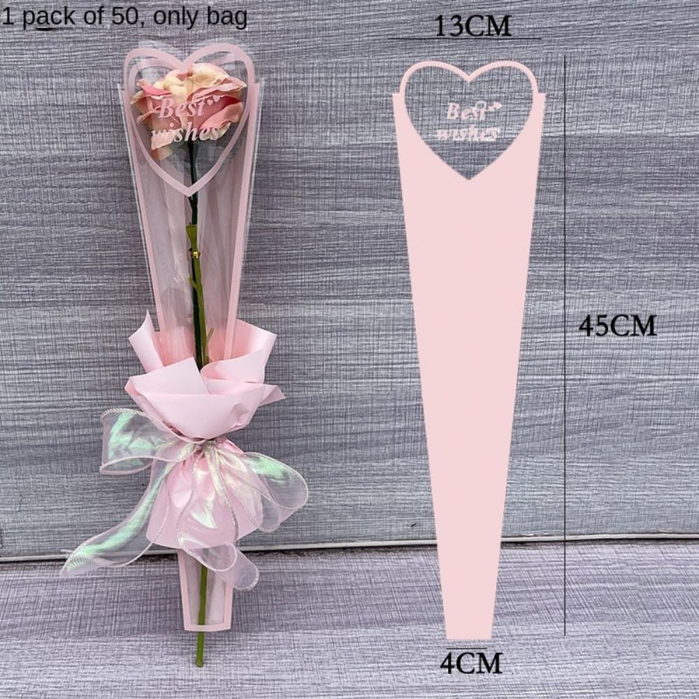 50pcs Single Flower Flower Packaging Bag Heart Shape Rose Packing Sleeve Bag Valentine's Day