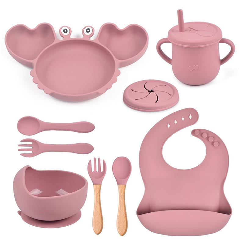 9PCS/Set Baby Silicone Tableware Set Baby Feeding Dishes BPA Free Bowl Plate Bibs Spoon Fork Sets Children Non-slip Dinnerware