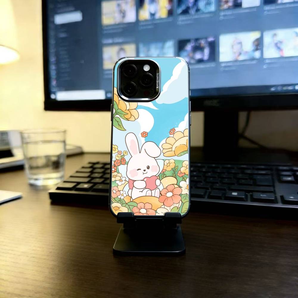 Милый Чехол-Зайчик Для iPhone 17,16,15,14,13,12,11 Plus,Pro Max,XS,Красочный Серебристо-Черный Чехол