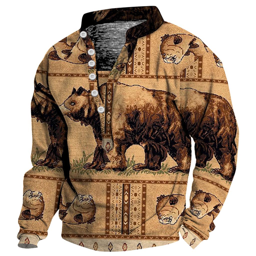 Мужской свитер с v-образным вырезом и воротником-стойкой с 3D цифровой печатью и винтажным воротником на 6 пуговицах