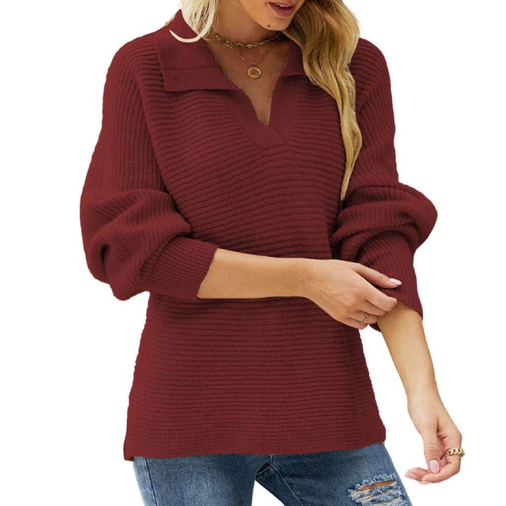 Women's Fashionable Round Neck Solid Color Knitted Sweater Pullover Sweater Long Sleeved Top
