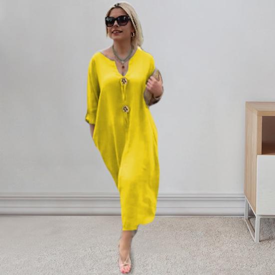 Женское платье с v-образным вырезом и пуговицами, декор с длинными рукавами, свободное однотонное платье размера плюс до середины икры, простой стиль, повседневное платье миди