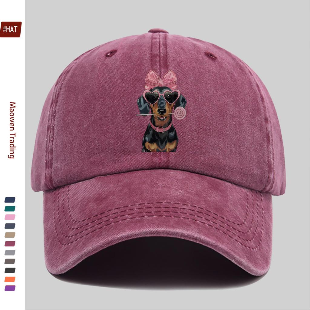 pc Cute Dachshund Pattern Printed Baseball Cap with Pink Bow Design Sun Hat Comfortable Lightweight Trucker Style Decor Hat A