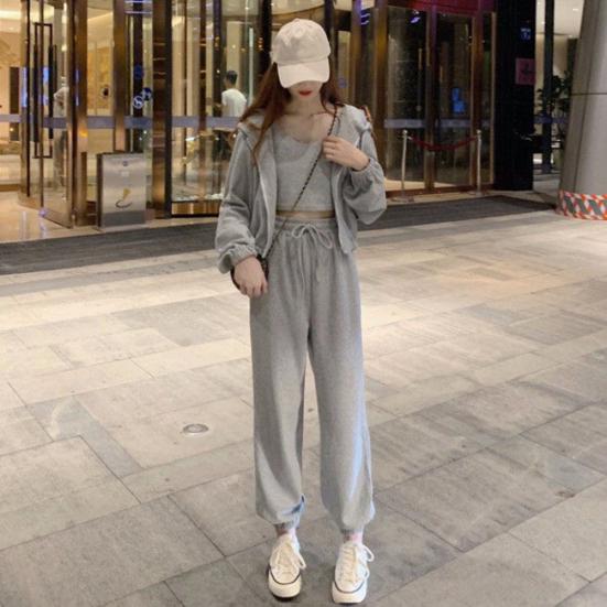 3 Pcs/Set Women Fall Tracksuit Sleeveless Vest Hooded Long Sleeve Zip-up Coat Elastic Waist Ankle-banded Trousers Daily Wear Sport Outfit