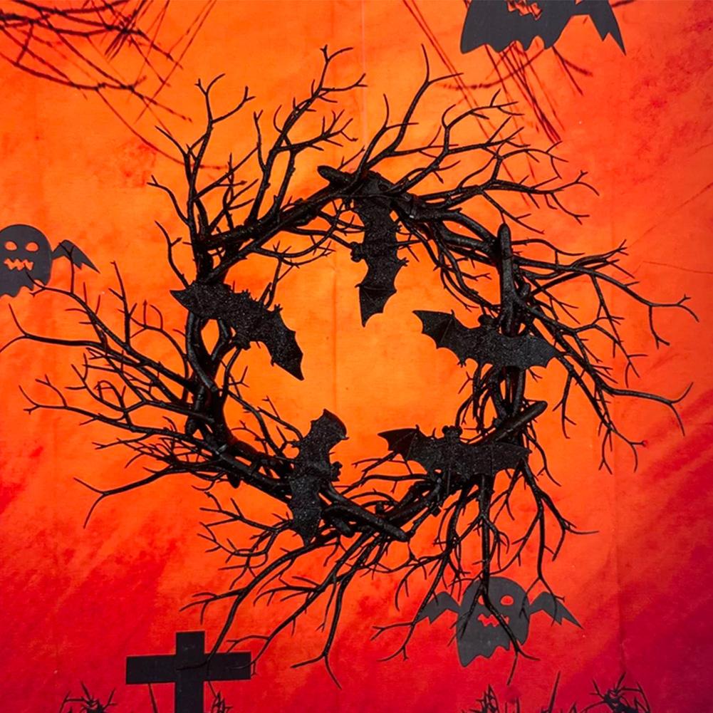 Венок на Хэллоуин в виде летучей мыши, черные венки из веток с красной светодиодной подсветкой, венок на Хэллоуин в виде летучей мыши для украшения дома на вечеринку в честь Хэллоуина