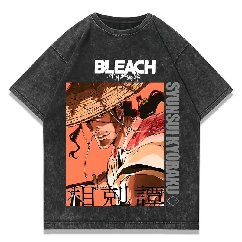 Футболка с принтом персонажа манги BLEACH Кёраку Сюнсуй для мужчин, с коротким рукавом, из стираного хлопка, винтажная, повседневная, футболка в стиле Харадзюку