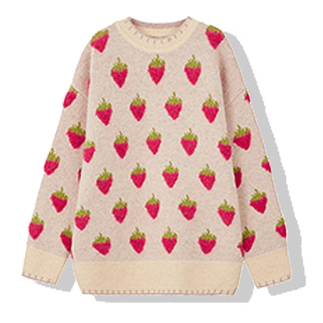 Winter Knitted Sweater Women Strawberry Embroidery Oversized Pullovers Harajuku Casual O-Neck Loose Knitwear Jumper Sueter Mujer