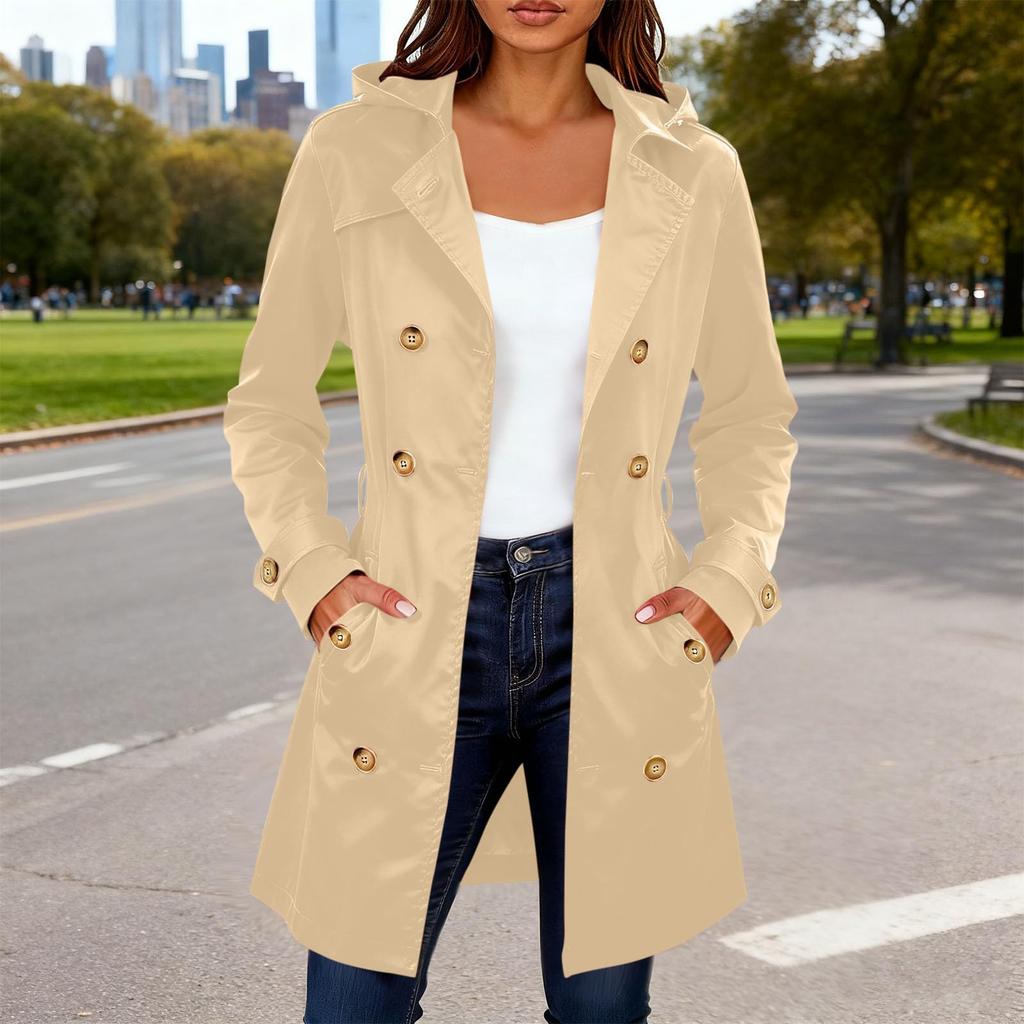 Women's Fashion Solid Color Collar Long Sleeve Double Breasted Windbreaker With Belt Coat