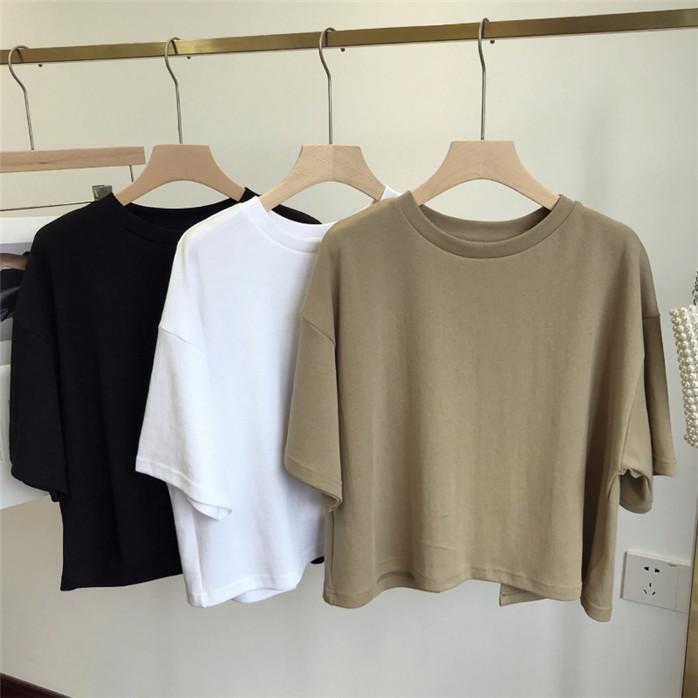 Корейский стиль с коротким рукавом женские выдалбливают крутые однотонные укороченные летние повседневные футболки