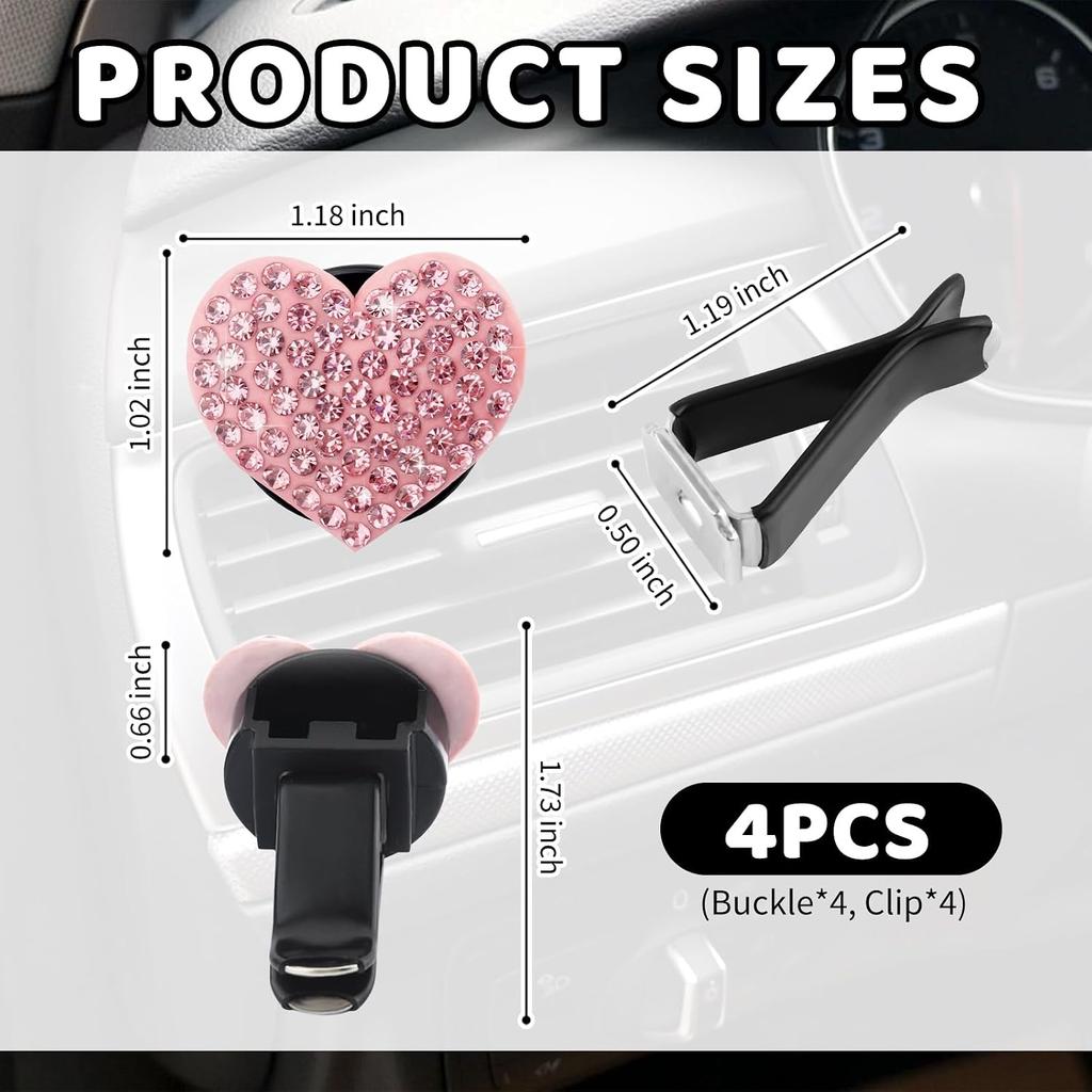 4PCS Heart Car Vent Clips with Rhinestone Design,Personalized Air Vent Clips for Car Decorations,Shiny & Cute Cars Accessories Cars Clip for Vents as