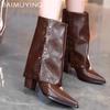 Chunky Women Mid Calf Boots Pointed Toe Sexy Mid Heels Leather Shoes 2025 Trend Winter New Goth Pumps Chelsea Botas De Mujer