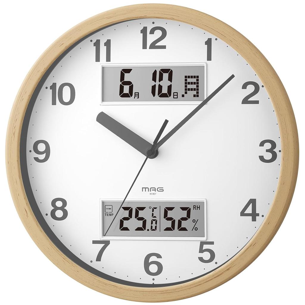 MAG Wall Clock Analog Stylish Interior Thermometer Hygrometer Calendar Silent Continuous Second Hand Diameter 29.0 cm Wood Grain Natural Double Point