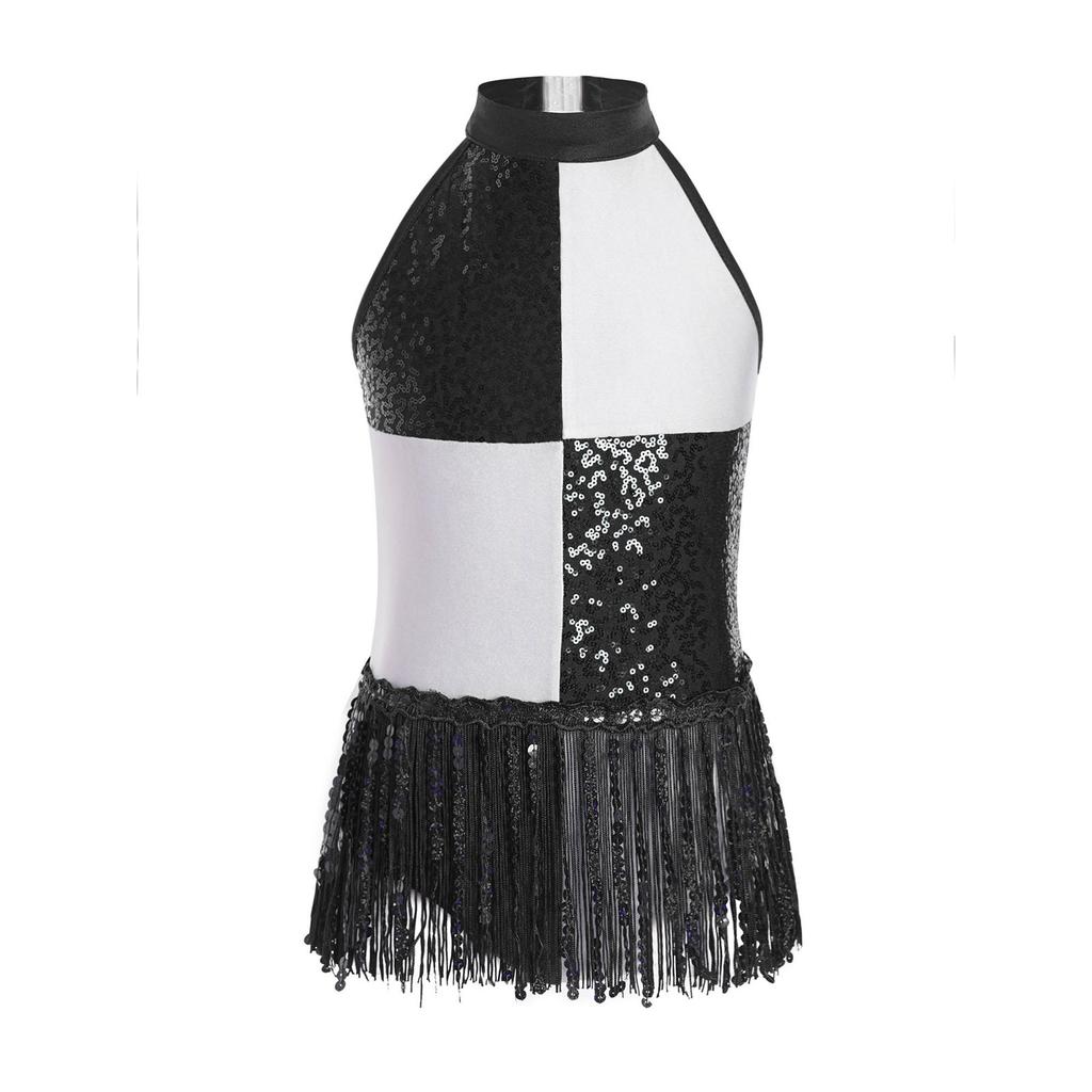Girls Color Block Latin Dance Leotard Shiny Sequins Tassel Halter Sleeveless Backless Bodysuit Performance Costume