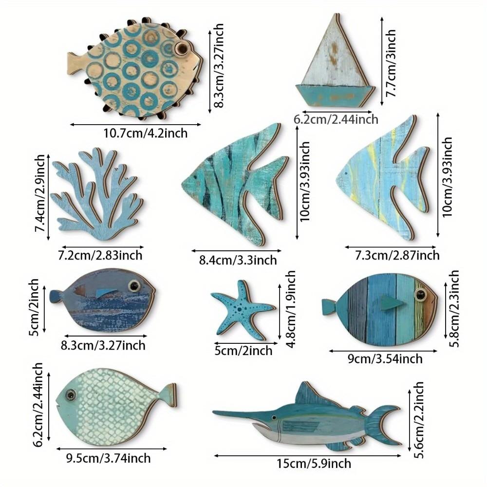 10Pcs Retro Ocean Animal Decoration Wall Art Fish Wall Decor Vintage Fish Decorative Plate  Hawaiian