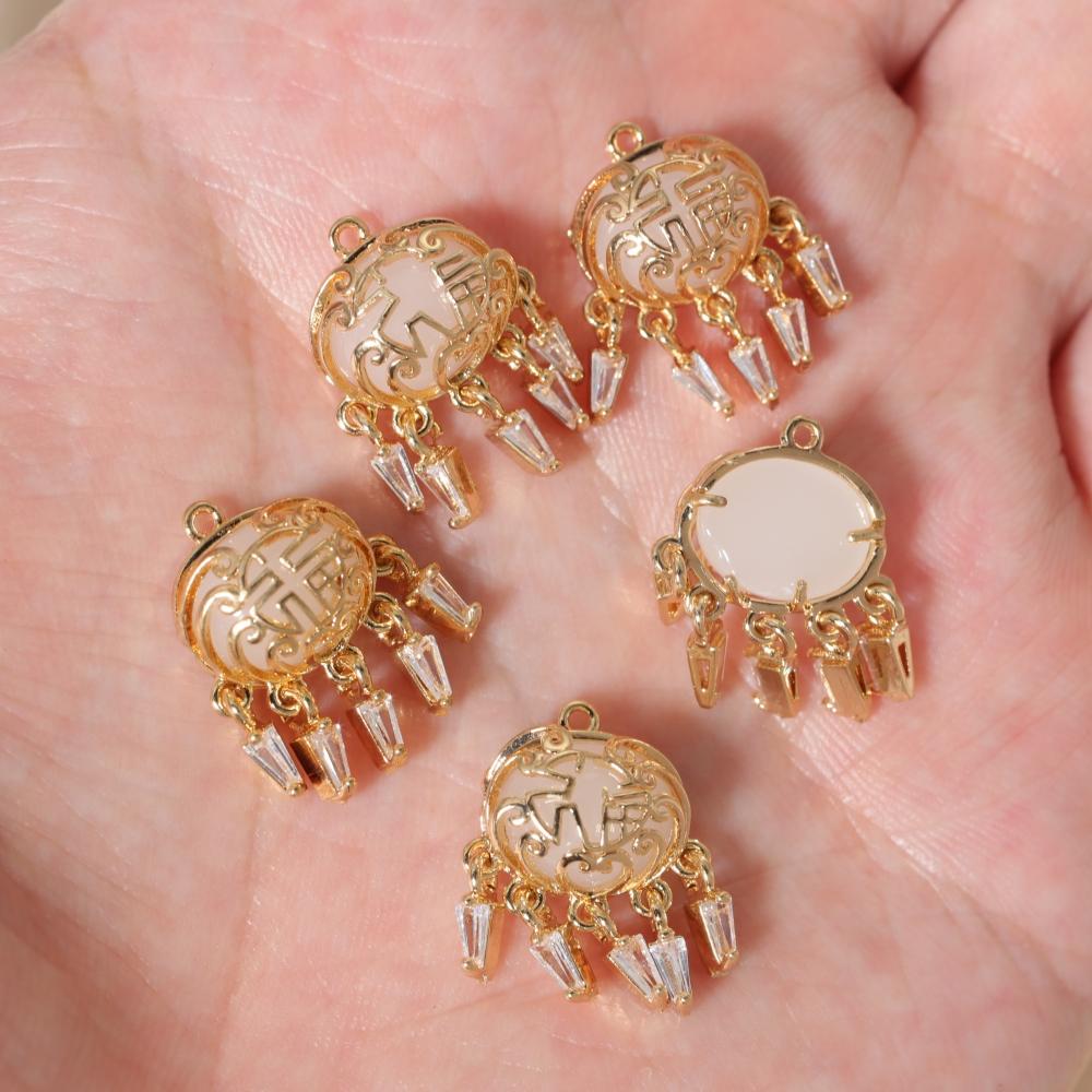 Vintage Chinese Fu Lock Zirconia Tassel Copper Charms, Golden Plated DIY Pendants for Earring Necklace Craft