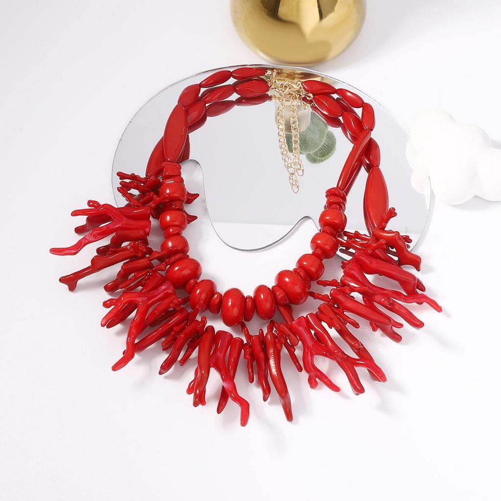 Bohemian Double-Layer Resin Red Coral Necklace for Women