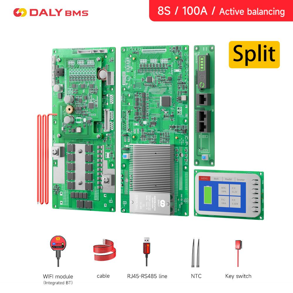 Daly Smart Inverter BMS LiFePo4 8S 16S 24V 48V 100A 1A Active Balancer BMS Family Energy Storage for Growatt Deye Pylon Inverter