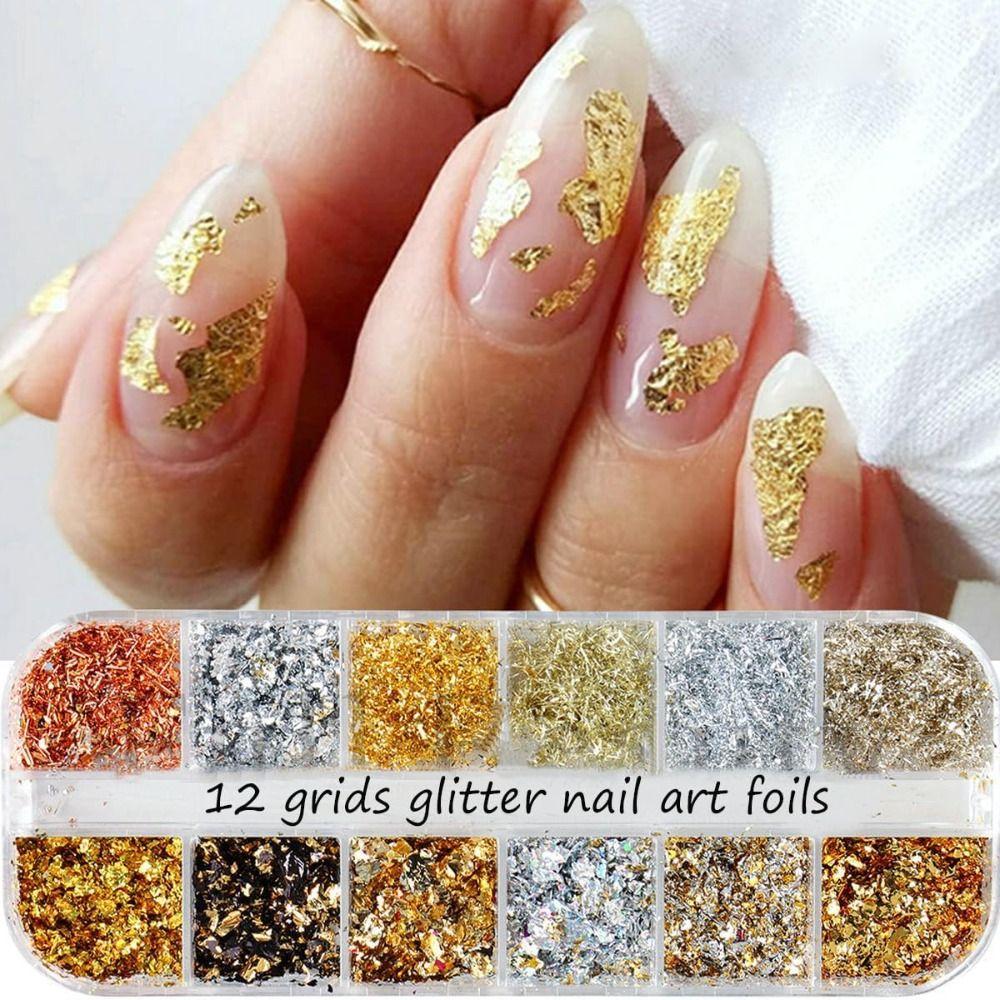 Holographic Nail Glitters Sequins 12 Grids Nail Art Flakes Nail Glitter Gold Foils DIY Manicure