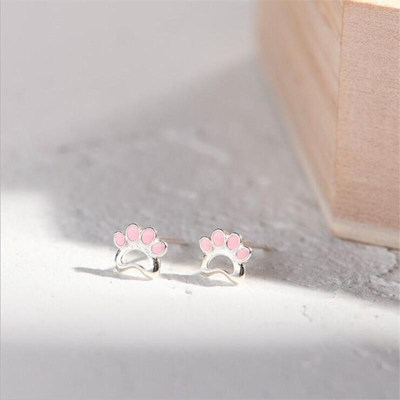 New Fashion Beautiful Creative Cute Animal 925 Sterling Silver Jewelry Sweet Cat Claw Pink Exquisite Stud Earrings E085