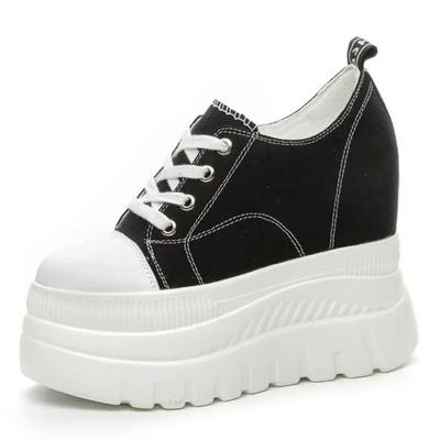 Мода Высокое качество 12 см Деним Женские Дышащие Платформа Скрытая Пятка Обувь Натуральная Кожа Труба Новая Мода Весна Массивные Кроссовки