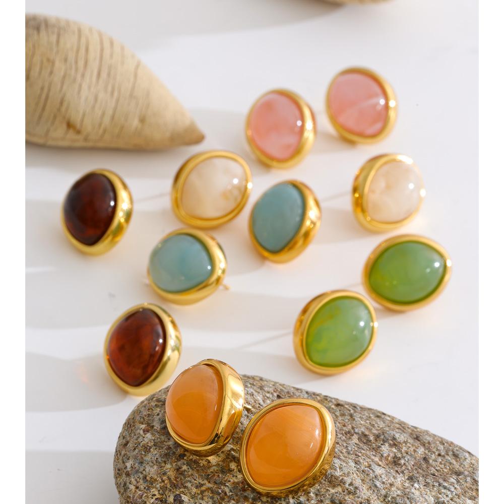Yhpup 2026 Multi-Color Joyful Candy Resin Oval Stud Earrings 18K Gold Color PVD Plated Stainless Steel Summer Trendy Jewelry