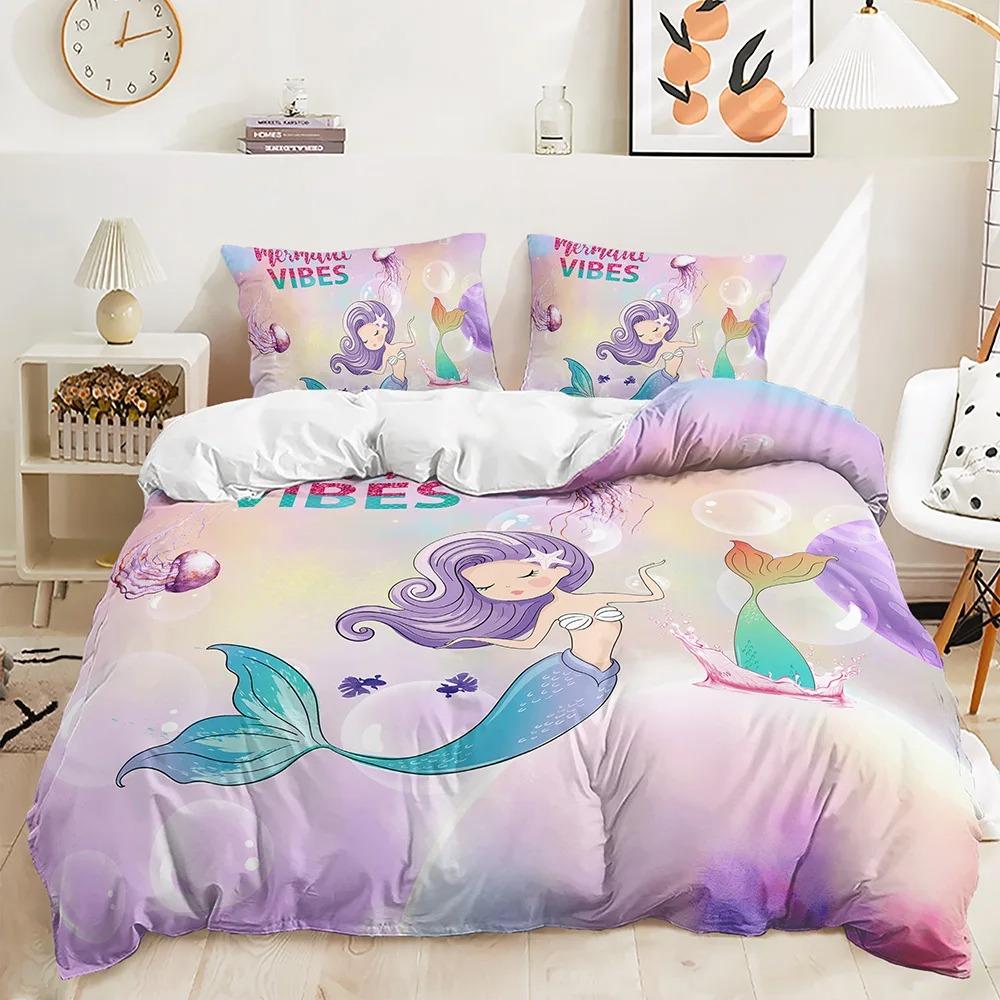 Cartoon Mermaid Bedding Set Comfortable Duvet Quilt Cover Pillowcase Bedding Set Children Bedroom Decoration Home Textile