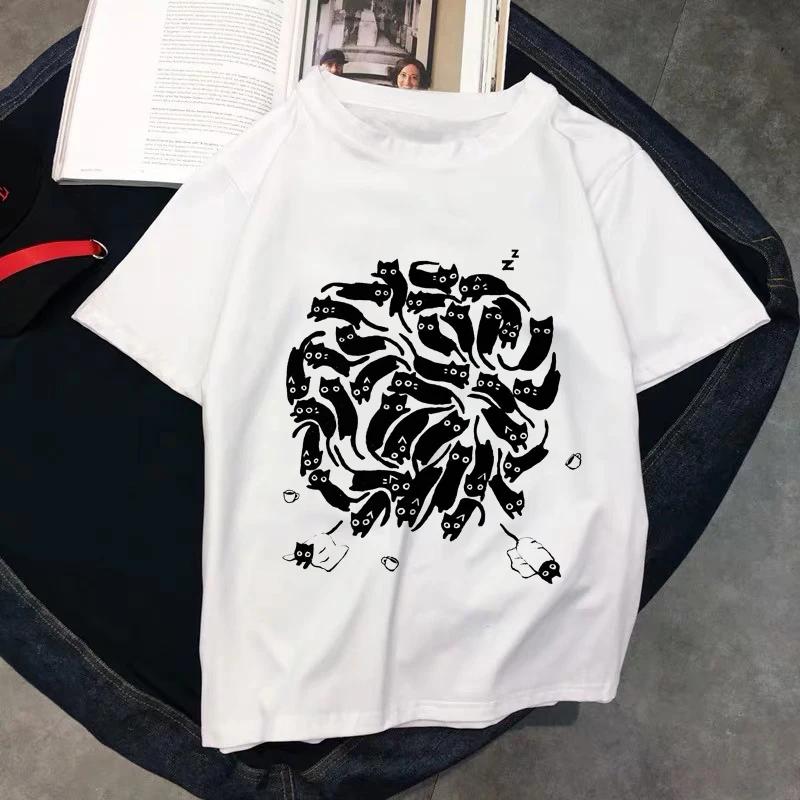 Kawaii T Shirts Women Cat New Tops Female Tshirt Loose Tshirt Summer Tee White Tshirts Round Neck Oversized T Shirt