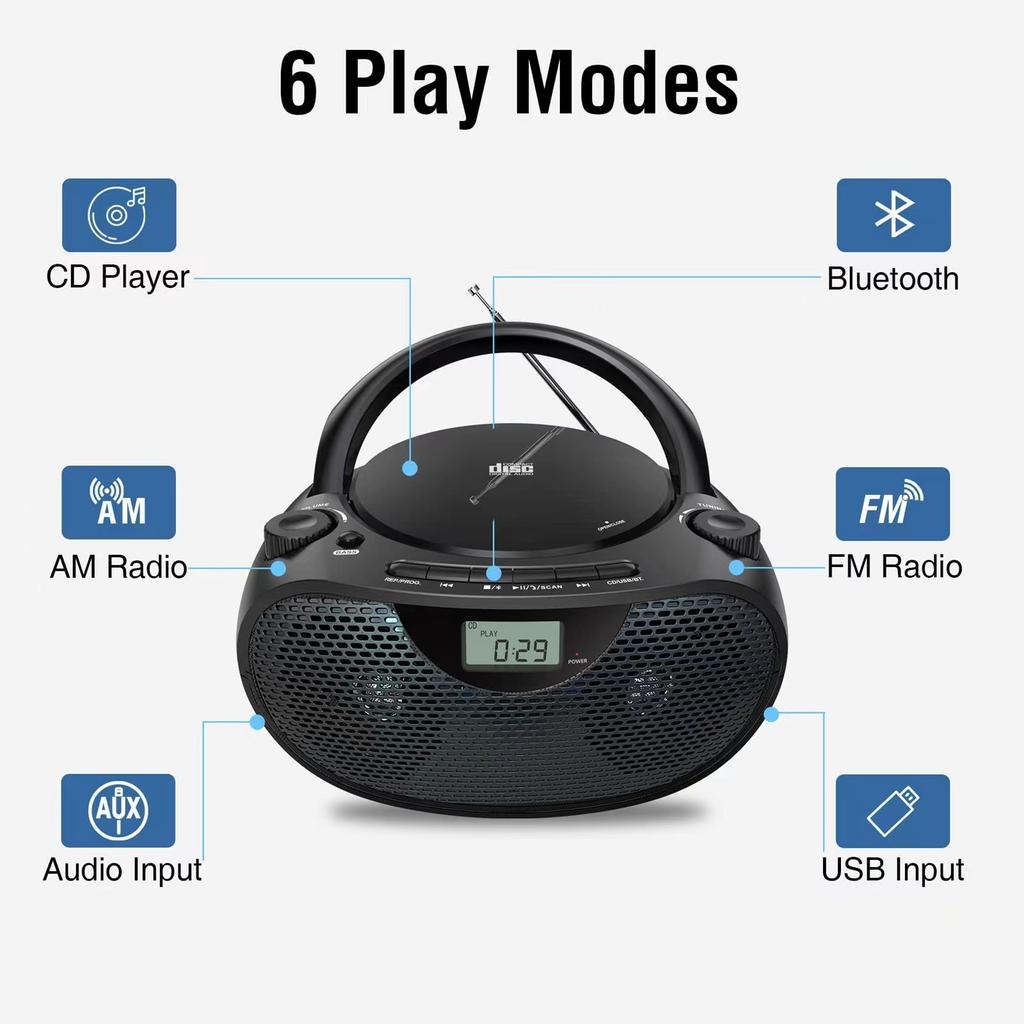 Portable Stereo CD Player Boombox with AM/FM Radio Bluetooth Speaker Player USB Playback