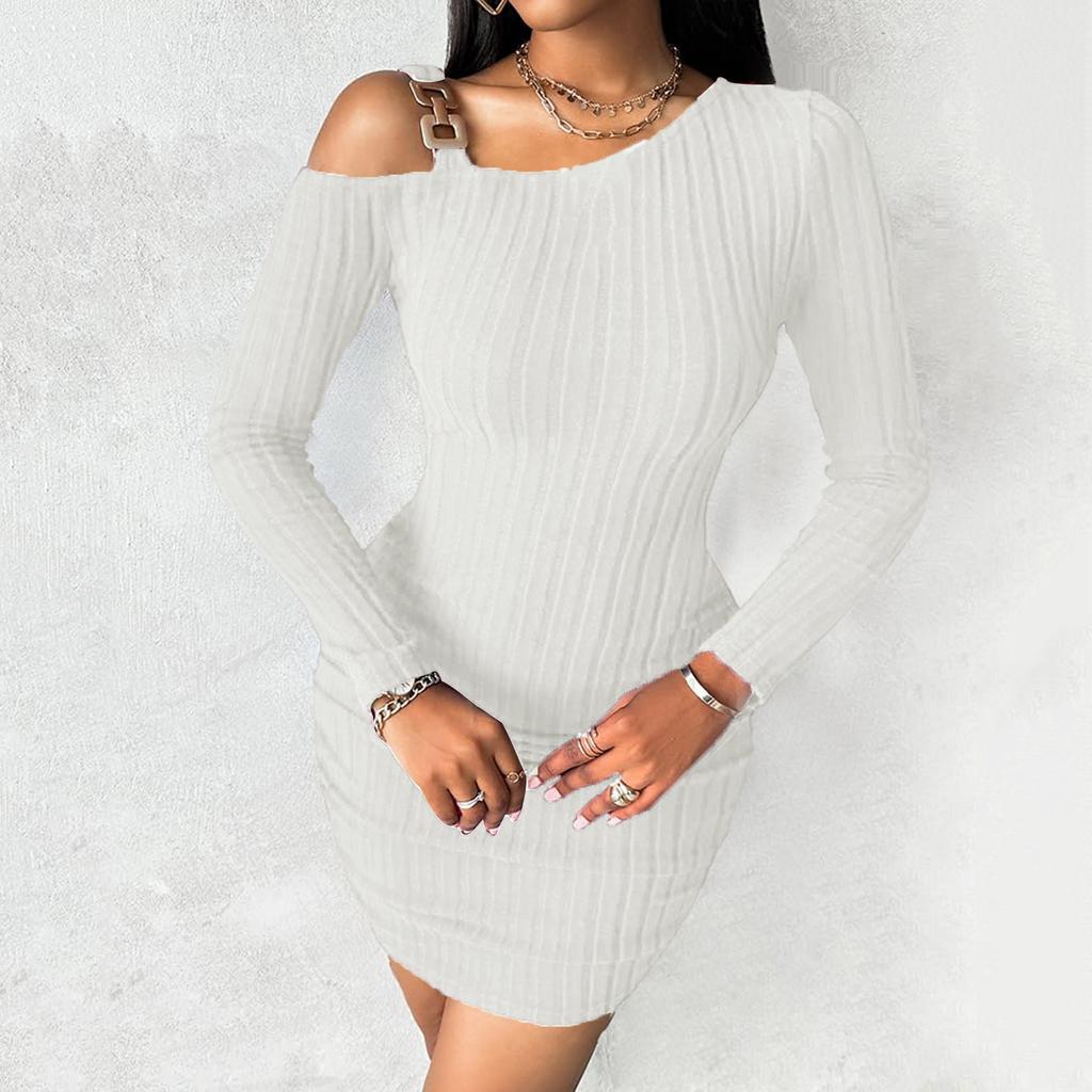 Women's Solid Color Off-the-shoulder Slant Collar Design Sense Bodycon Dress, Stylish, Slim, Sexy Long-sleeved Dress