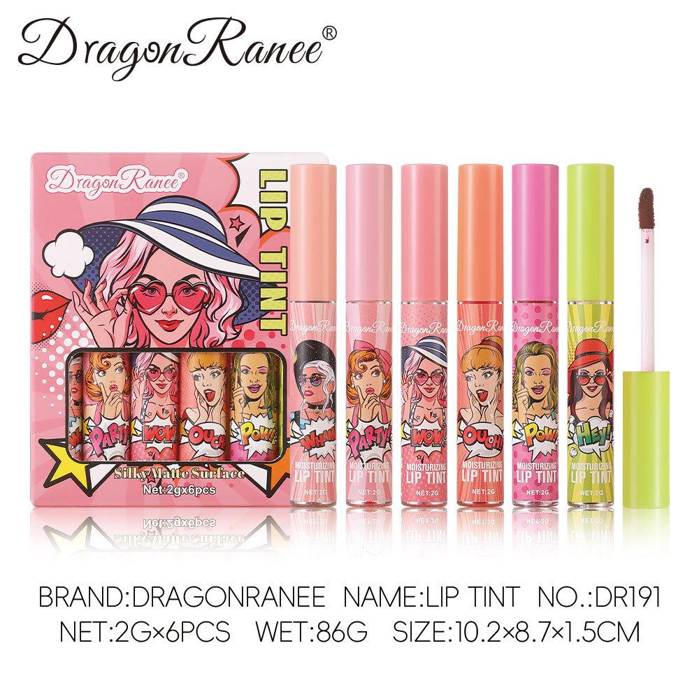 British Style Glossy Lip Stain Set: Moisturizing Liquid Lipstick with Tinted Gloss, Blood Plasma Shade, 6-Piece Collection.