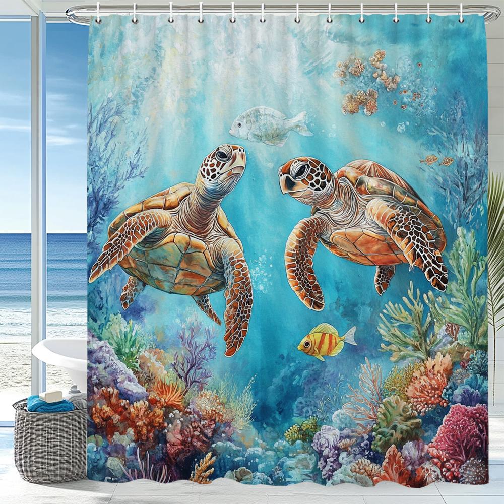 Underwater World Dolphin Turtle Shower Curtain,Ocean Animals Polyester Fabric Bathroom Curtains for Home Decoration Curtain