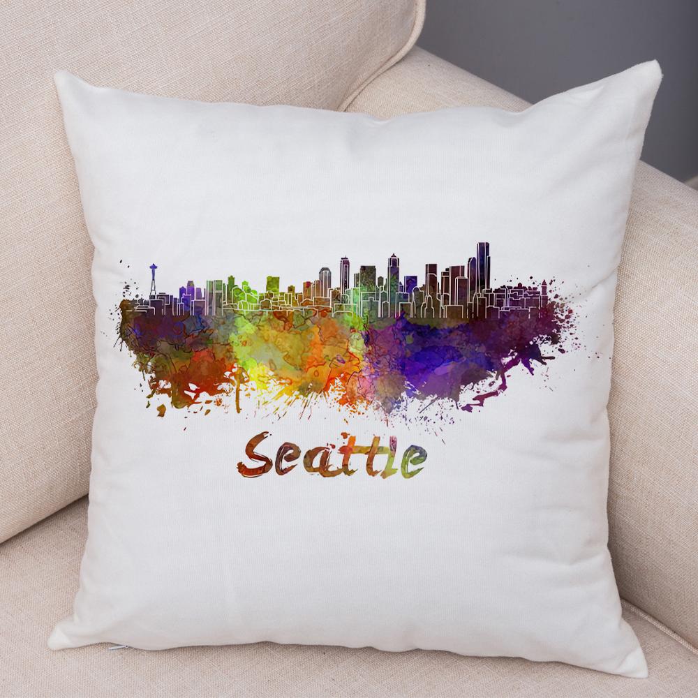 Watercolor City Skyline Cushion Cover Global Landmarks Art Print Soft Linen Living Room Bedroom Home Decor Pillow Case