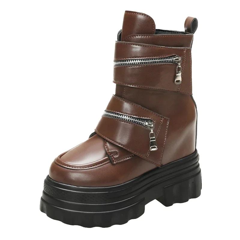 Модные женские кожаные ботильоны Осень Зима Каблуки 11 см Кроссовки Круглый носок Короткие ботинки Женские Молния Мотоциклетные Платформа Ботас 2024