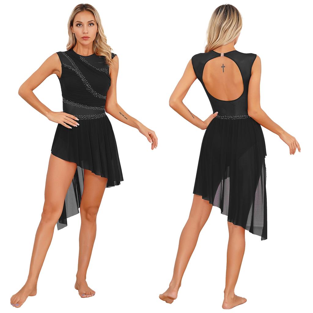 Women's Lyrical Latin Dance Dresses Asymmetric Skirted Leotard Modern Contemporary Dancing Costume