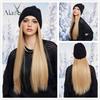 Hat Wigs Cap with Hair Blonde Color Wig Black Hat Connect Synthetic Hair Extensions for Women Daily Party High Temperature Fiber