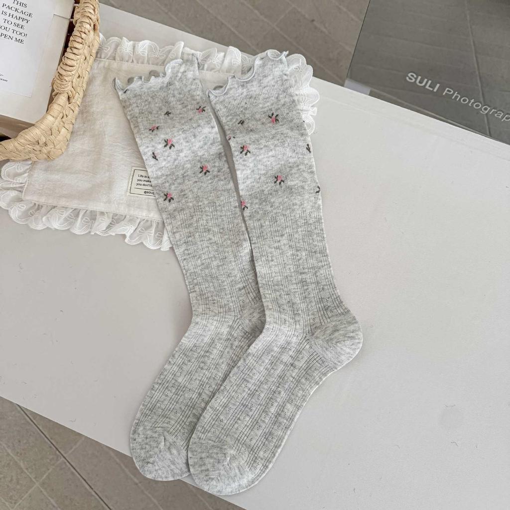 Gray Calf Socks Women'S Floral Dark Pattern Hollow Breathable Stacking Socks Spring And Summer Thin Vertical Pattern Fungus Edge Jk Cotton Socks