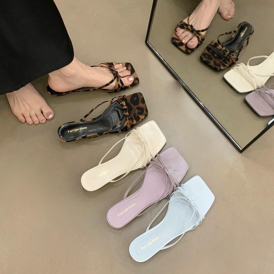 Women's Shoes Korean Style ElegantThinBelt Square ToeSmall Wedge Heel Slide Sandals Open ToeOne-Strap Slippers Outdoor Wear White Sandals