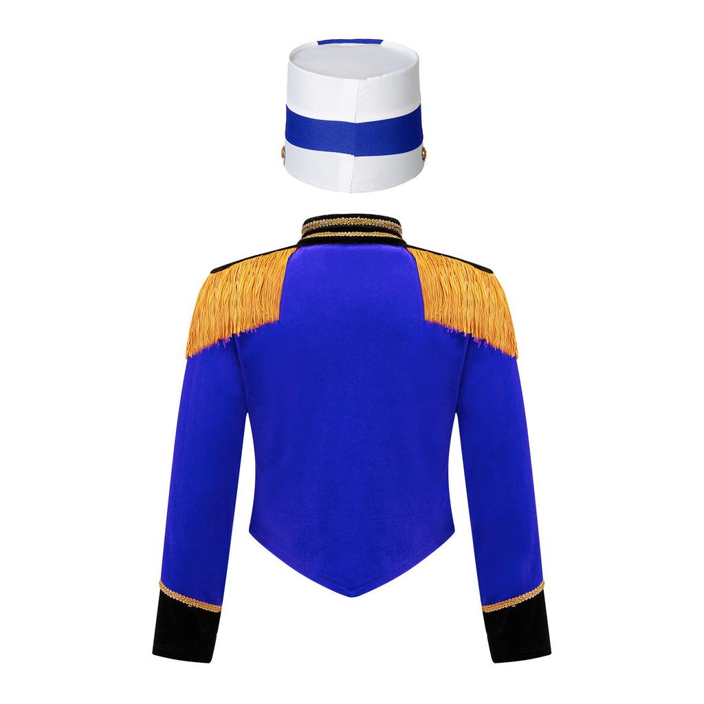 Girls Marching Band Costume Set Long Sleeve Stand Collar Tassel Shoulder Button Down Jacket Hat
