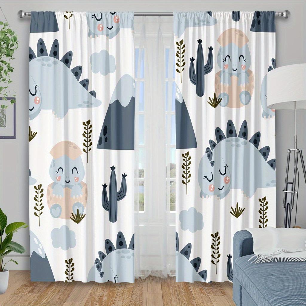 2Pc Cartoon Dinosaur Print Curtains - Polyester Fabric For Bedroom, Living Room, And Kitchen - Machine Washable
