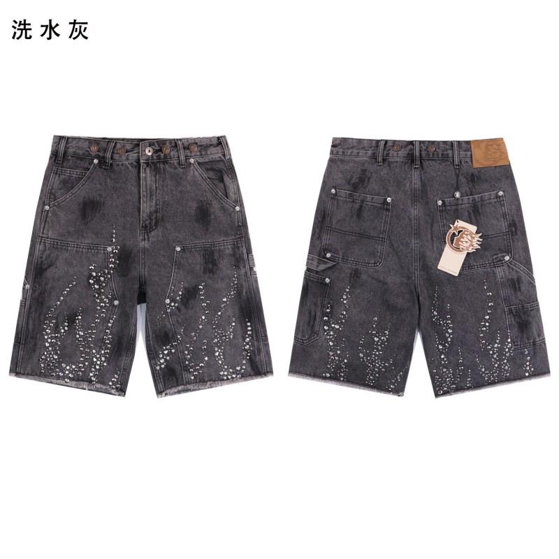 Mens Distressed Washed Denim Shorts With Rhinestone Embellishment Loose Fit Straight Cut Streetwear Short Pants